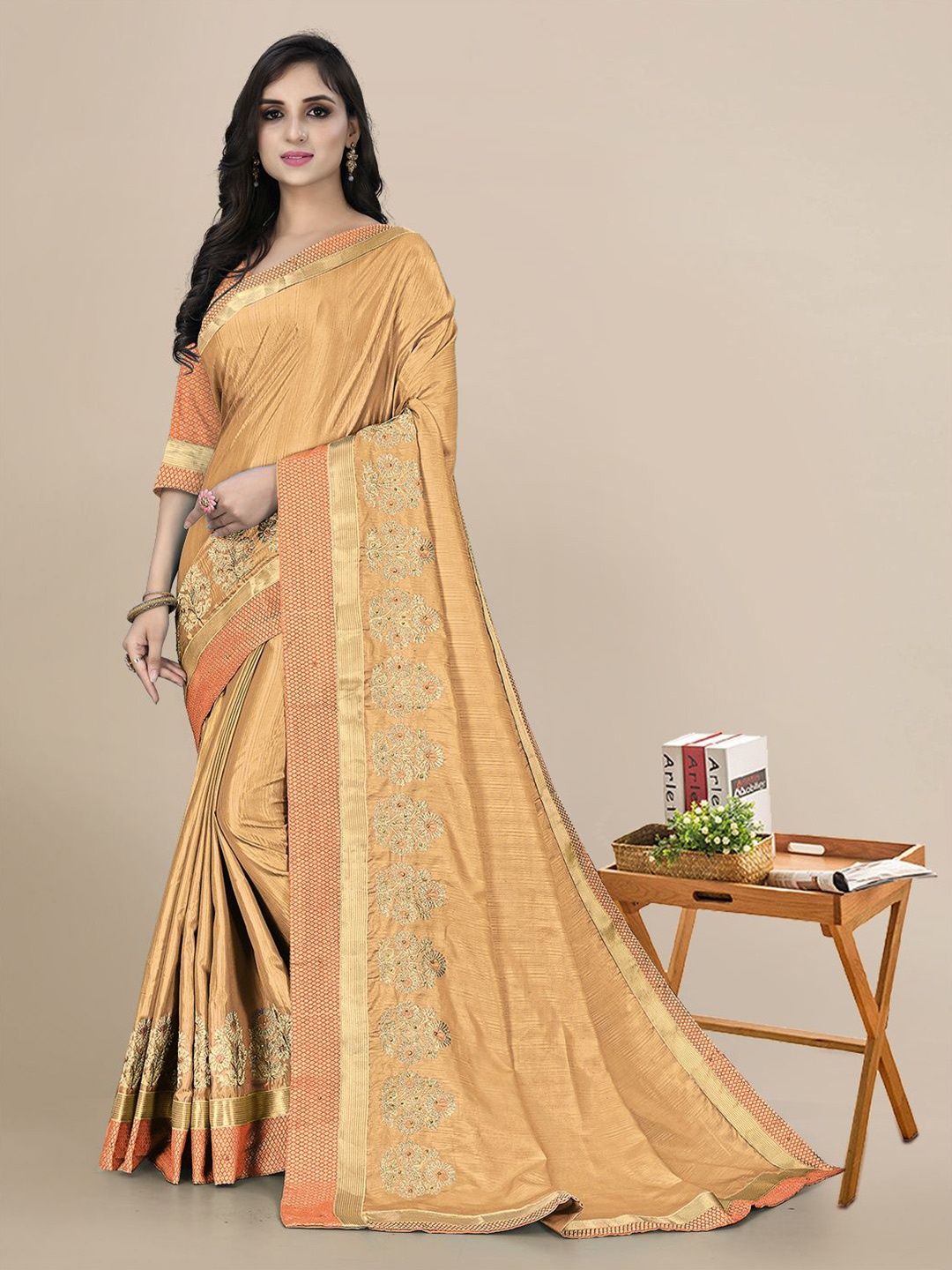 

Mitera Beige & Gold-Toned Ethnic Motifs Embroidered Silk Blend Saree