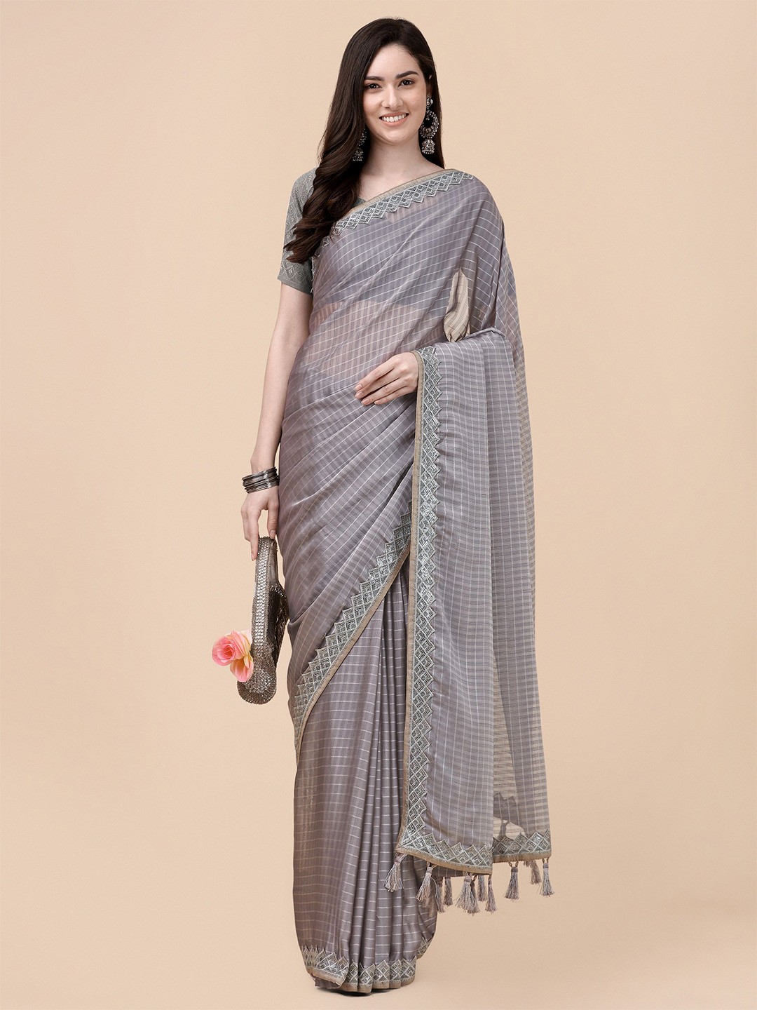 

Mitera Grey Striped Embroidered Pure Chiffon Saree
