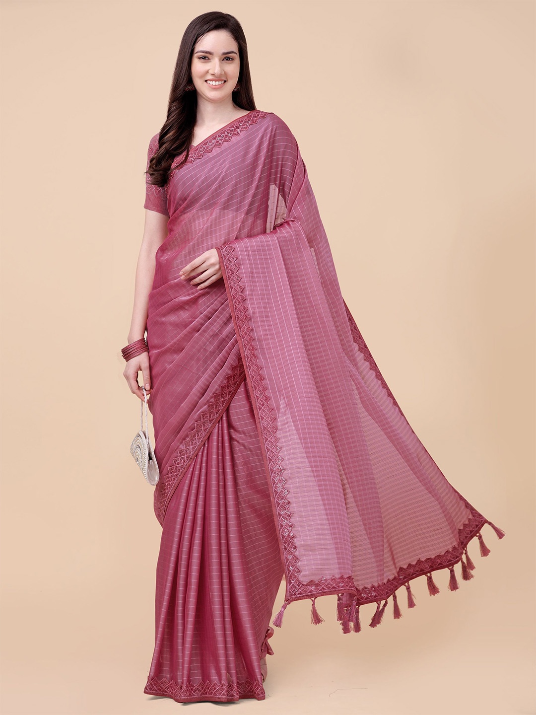 

Mitera Pink Striped Embroidered Pure Chiffon Saree