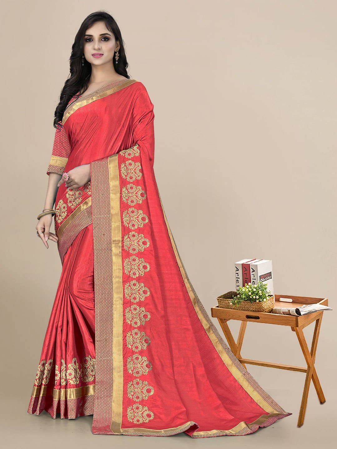 

Mitera Red & Gold-Toned Ethnic Motifs Embroidered Silk Blend Saree