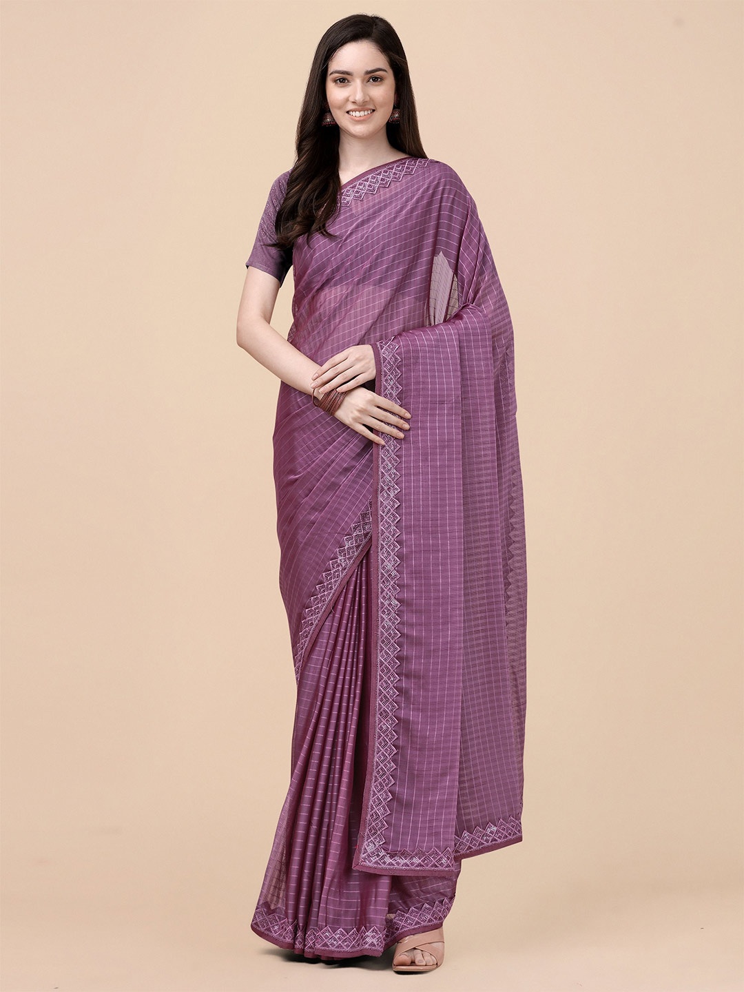 

Mitera Purple Striped Embroidered Pure Chiffon Saree