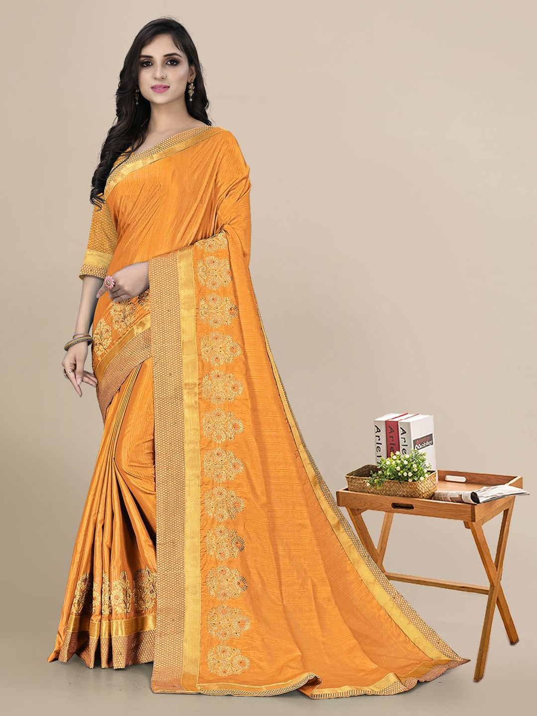 

Mitera Yellow & Gold-Toned Ethnic Motifs Embroidered Silk Blend Saree