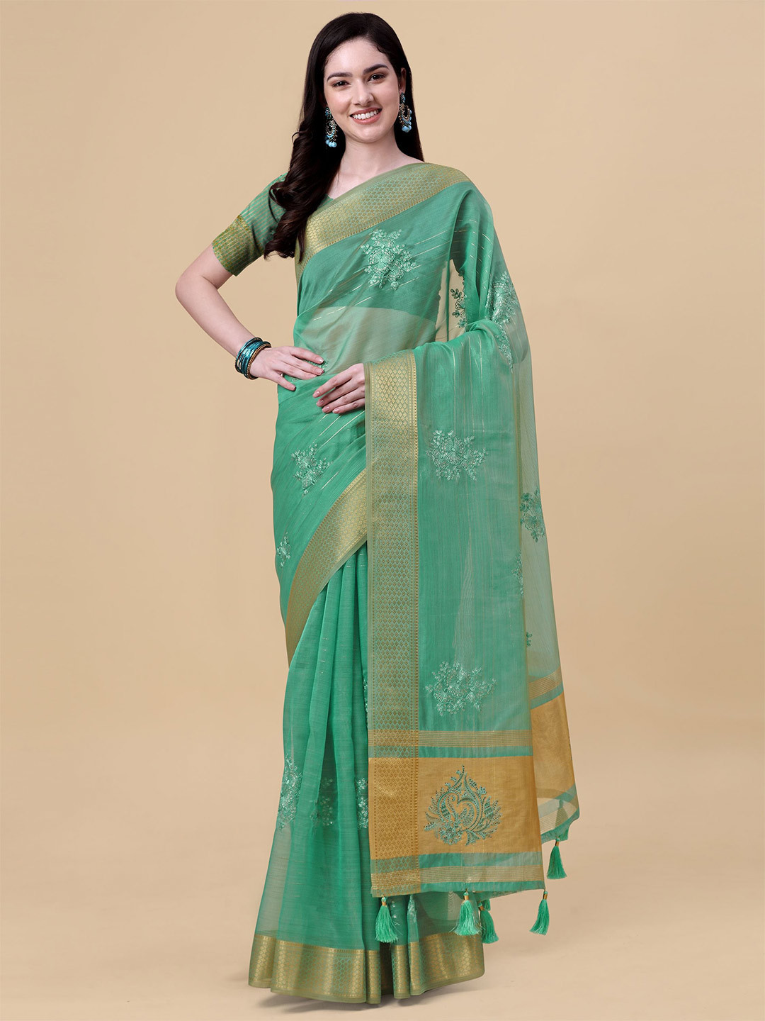 

Mitera Blue & Gold-Toned Floral Embroidered Organza Saree