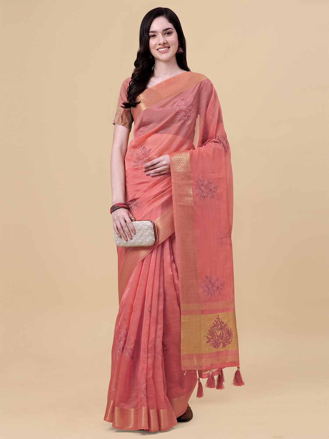 

Mitera Peach-Coloured & Gold-Toned Floral Embroidered Organza Saree