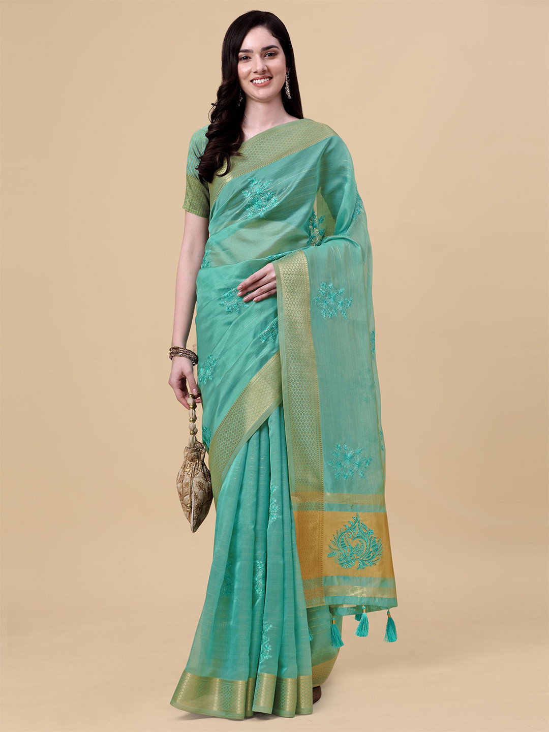 

Mitera Turquoise Blue & Gold-Toned Floral Embroidered Organza Saree