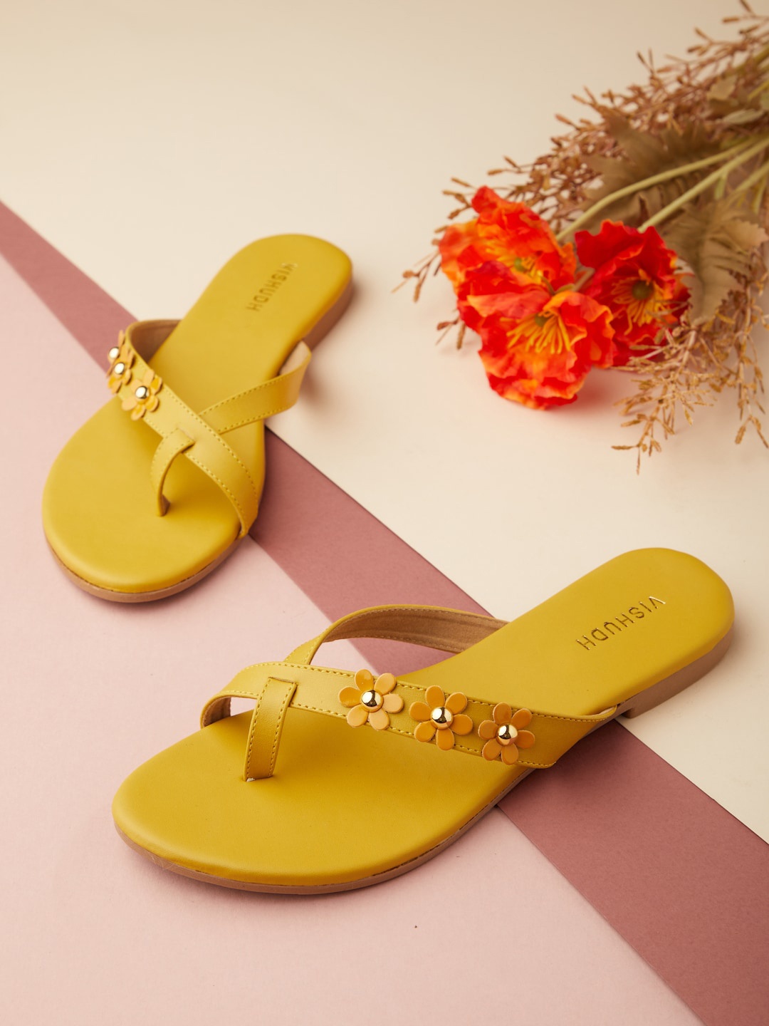 

Vishudh Women Mustard Embellished One Toe Flats