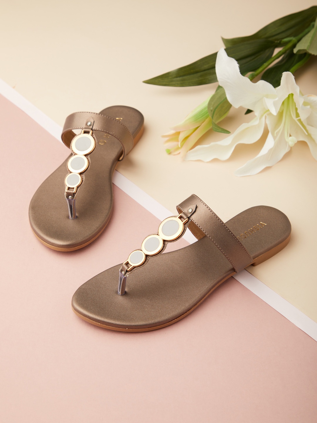 

Vishudh Women Copper-Toned Embellished T-Strap Flats