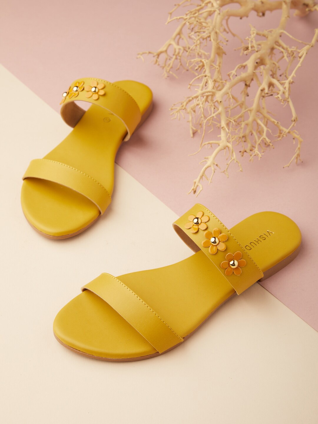 

Vishudh Women Mustard Embellished Open Toe Flats
