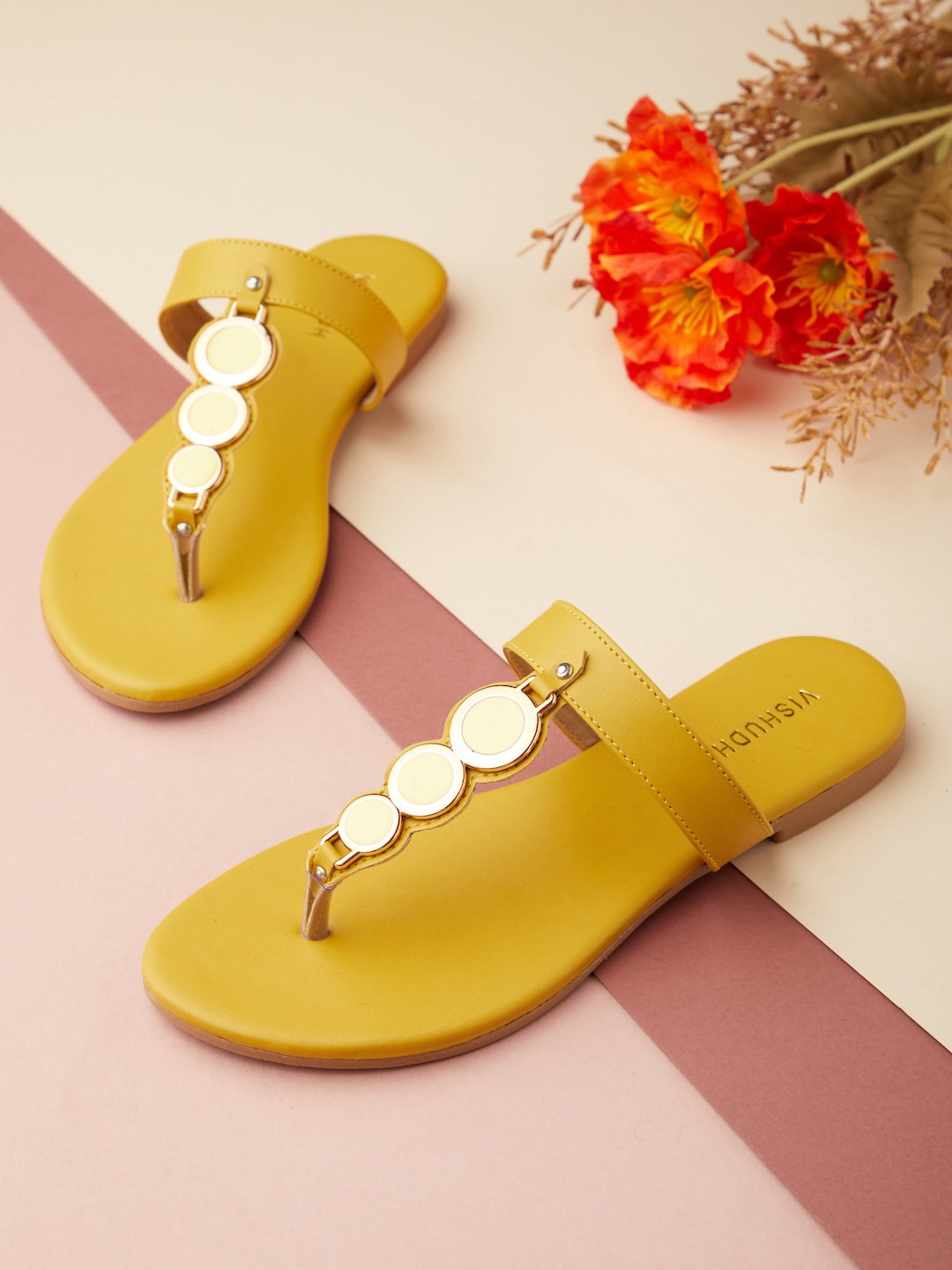 

Vishudh Women Mustard Embellished T-Strap Flats