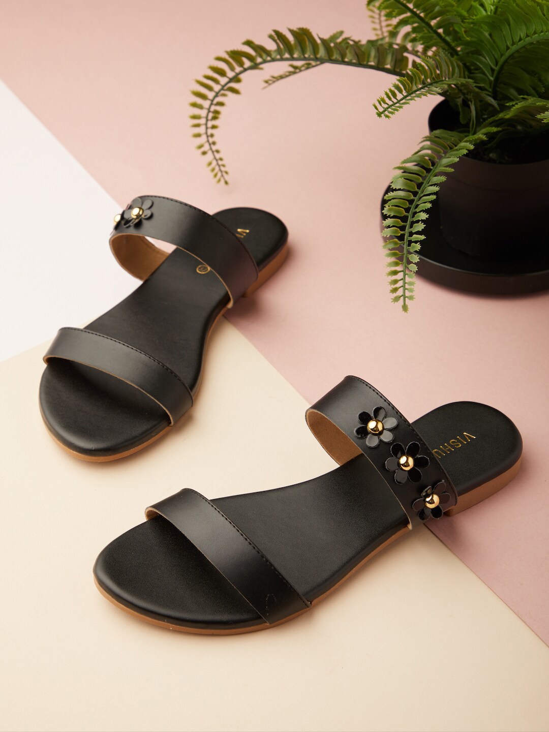 

Vishudh Women Black Embellished Open Toe Flats