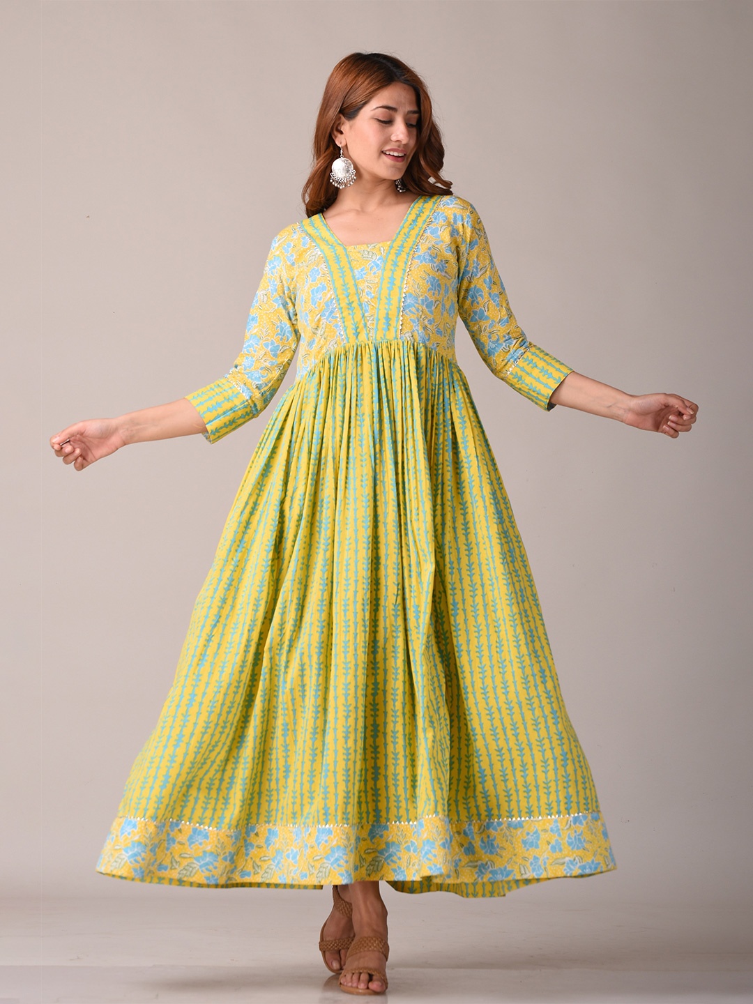 

KANNAHI Women Pure Cotton Floral Ethnic Maxi Dress, Yellow
