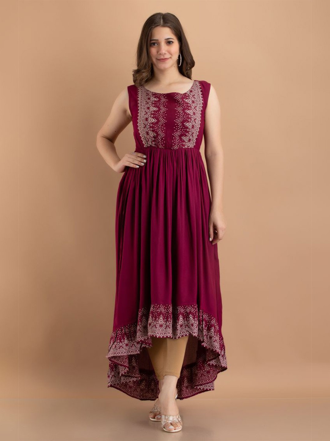 

PURSHOTTAM WALA Women Maroon Ethnic Motifs Printed Indie Prints Anarkali Kurta