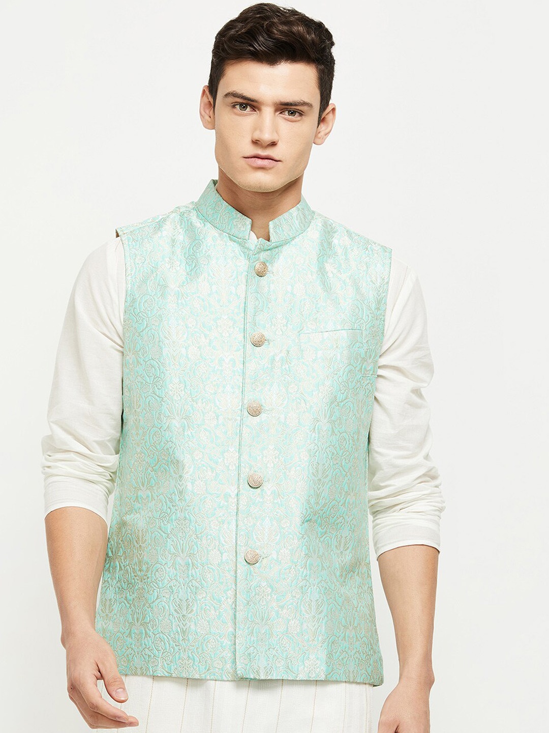 

max Men Sea Green Woven Design Nehru Jacket