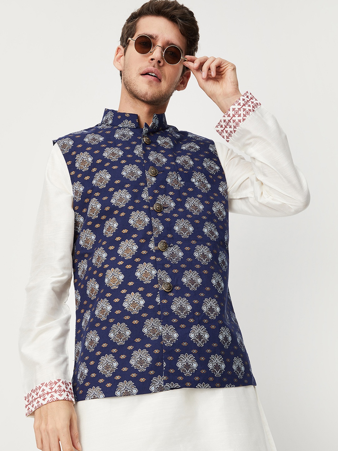 

max Men Navy Blue & White Printed Nehru Jacket