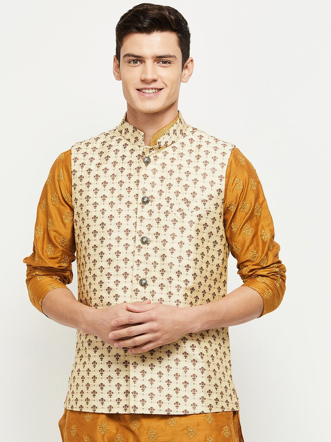 

max Men Cream & Brown Woven Design Nehru Jacket