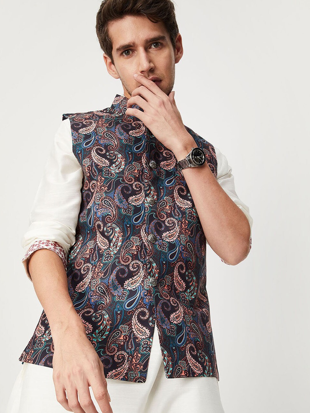 

max Men Black & Teal Printed Nehru Jacket