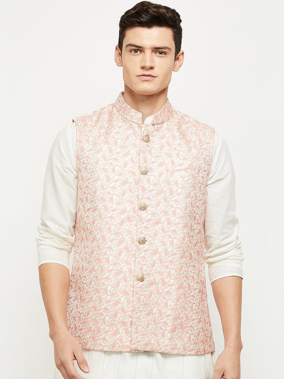

max Men Pink & Off White Woven Design Nehru Jacket