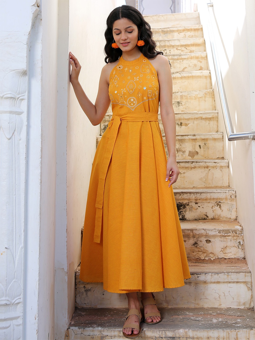 

OKHAI Yellow Ethnic Motifs Ethnic Midi Dress