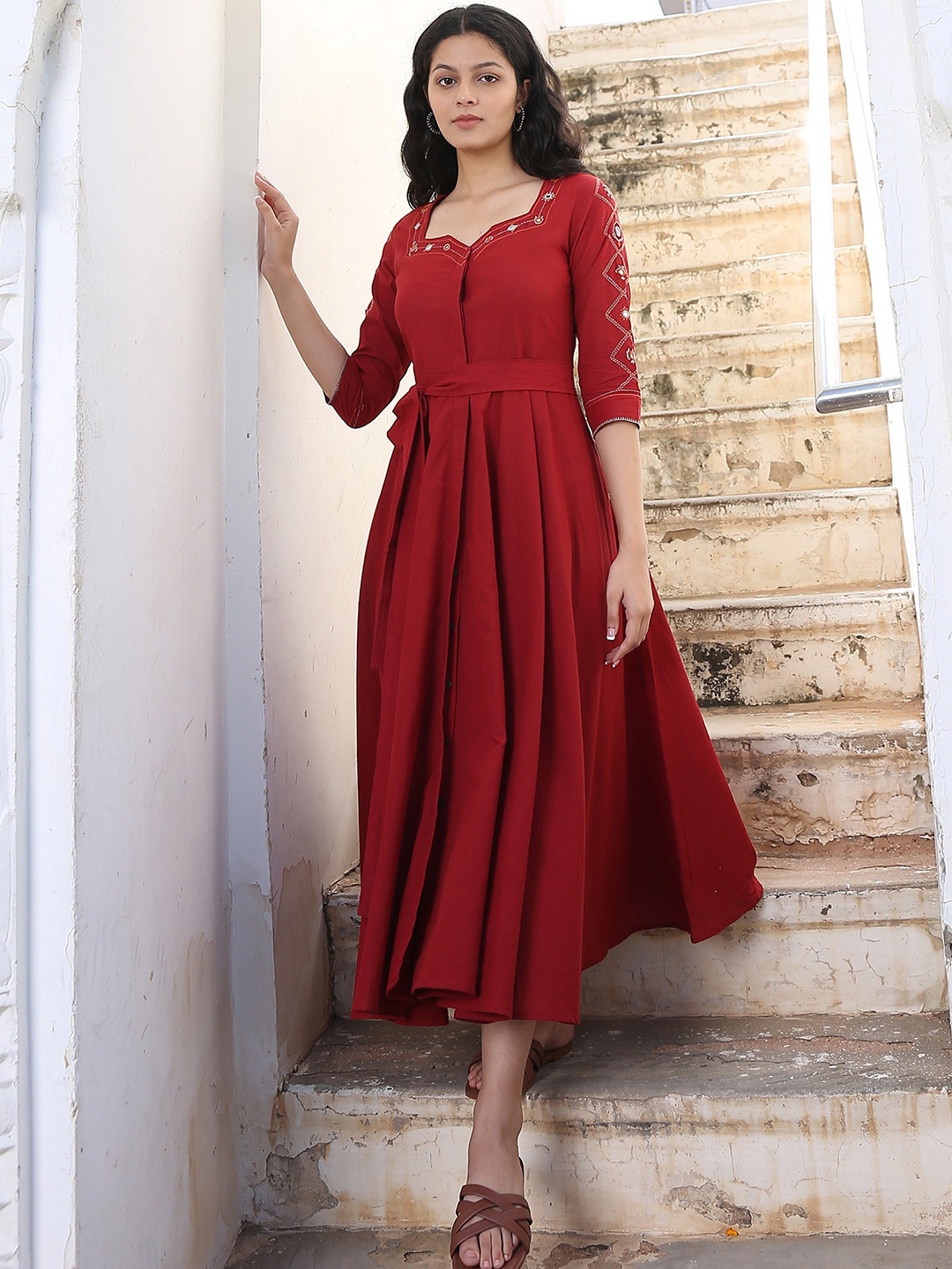 

OKHAI Red Embroidered Ethnic Midi Dress