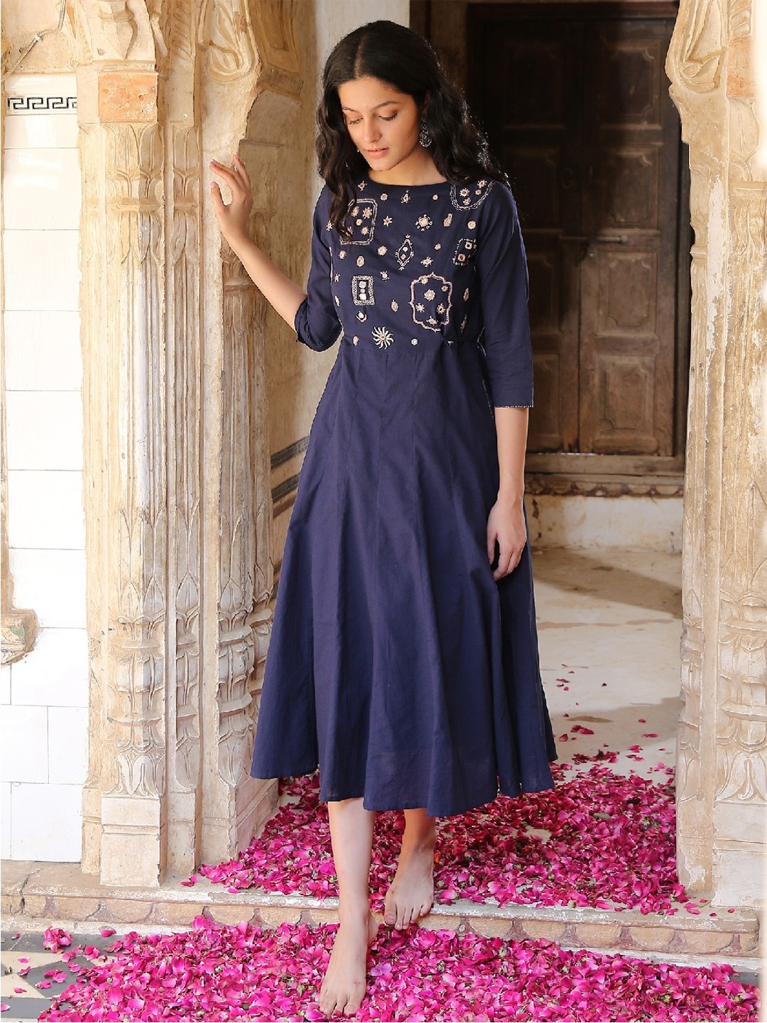 

OKHAI Navy Blue Floral Ethnic Midi Dress