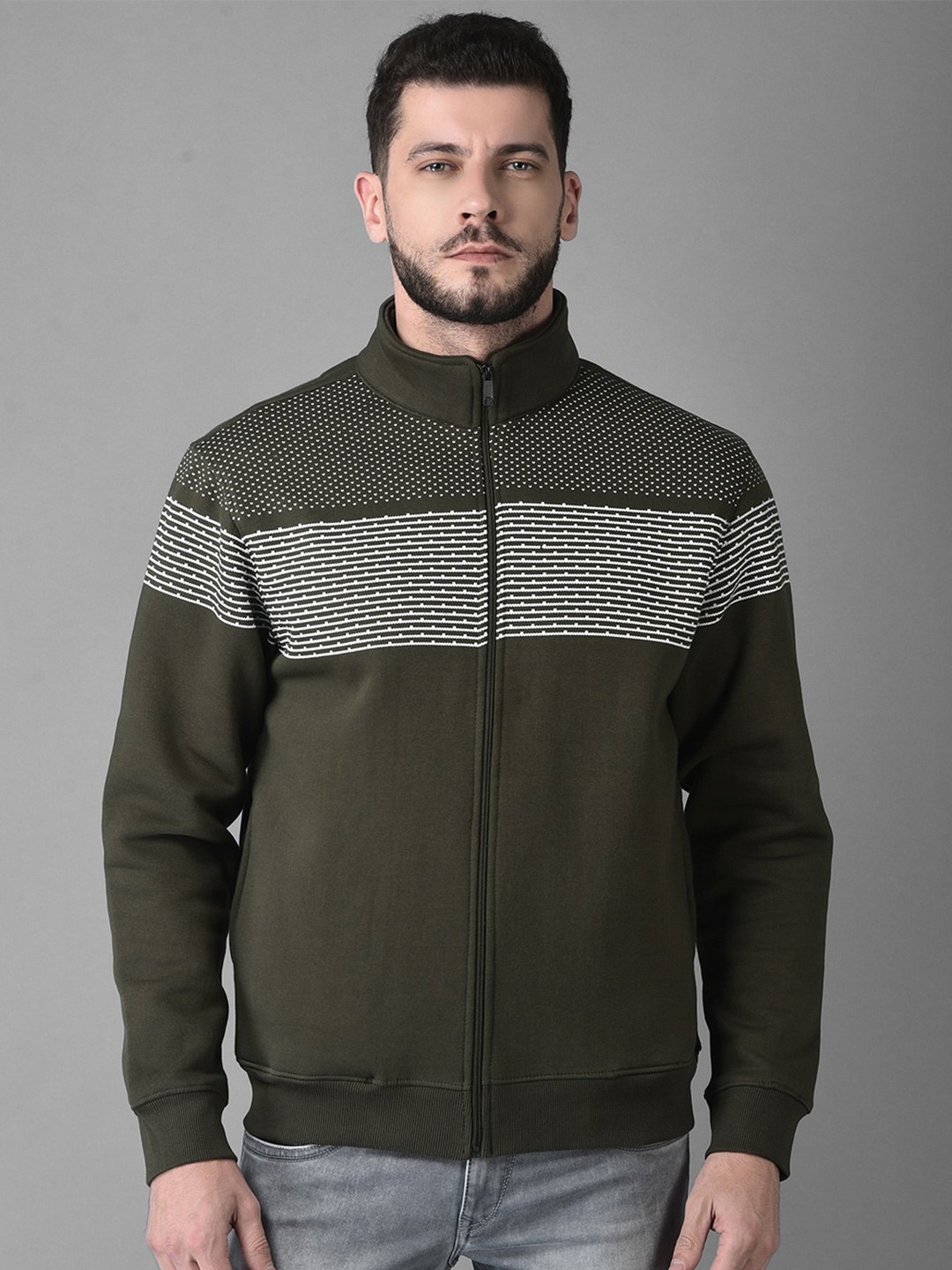 

Canary London Men Olive Green & White Striped Cotton Sweatshirt
