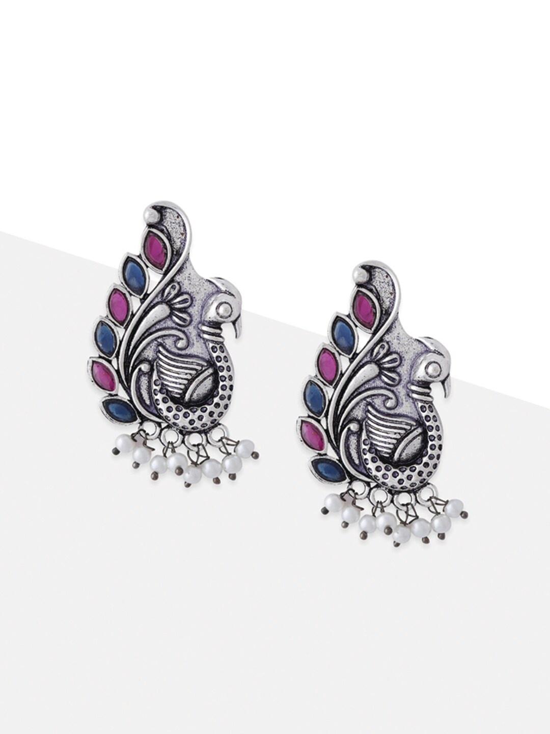 

Tipsyfly Silver-Plated Oxidised Peacock Shaped Drop Earrings