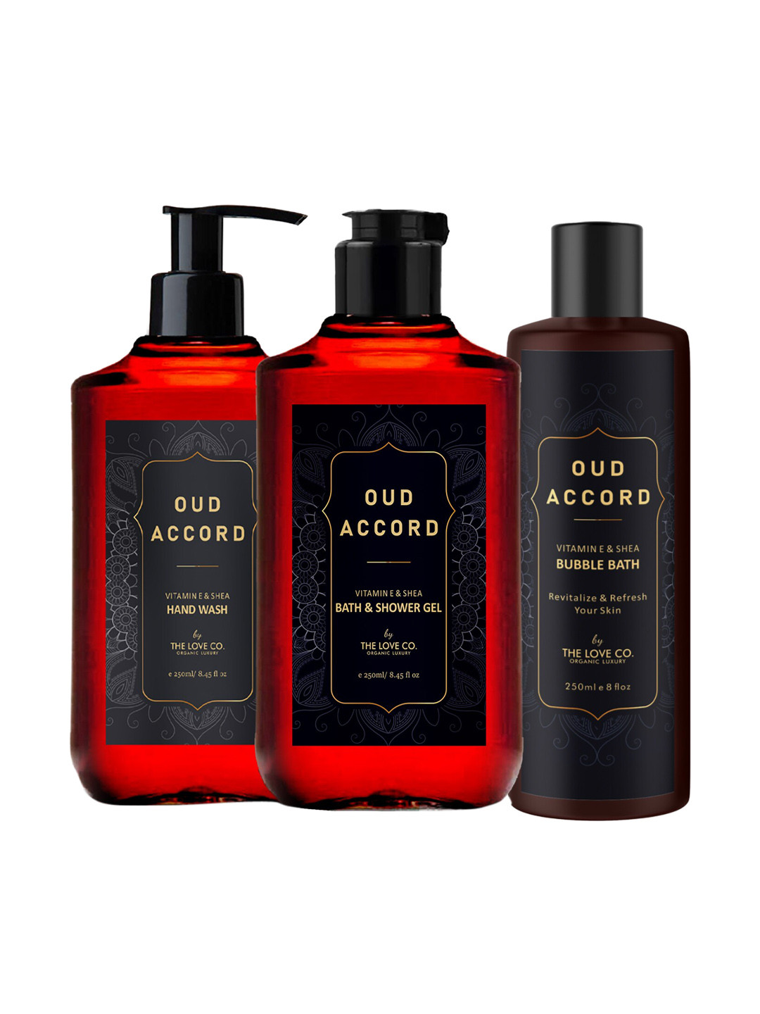 

THE LOVE CO. Pack Of 3 Red Oud Accord Hand Wash + Body Wash + Bubble Bath Combo 250 ml