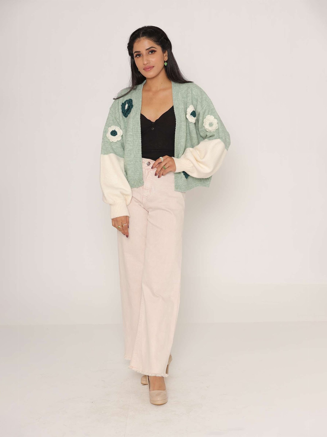 

KASMA Women Sea Green & White Embroidered with Embellished Detailed Wool Sweater