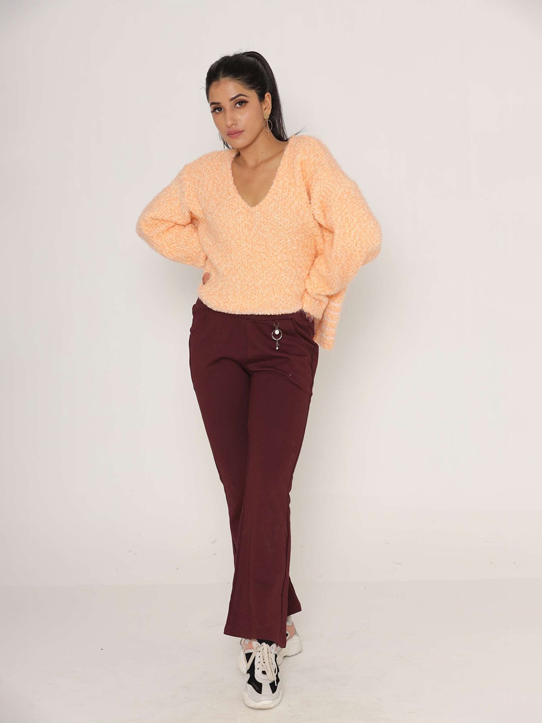 

KASMA Women Orange Cable Knit Wool Pullover