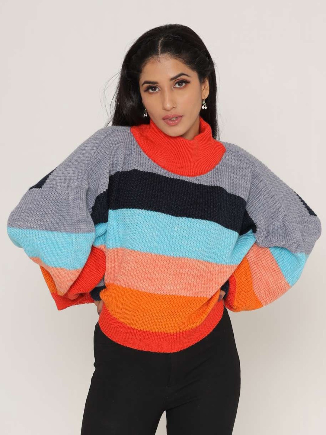 

KASMA Women Blue & Black Colourblocked Wool Pullover