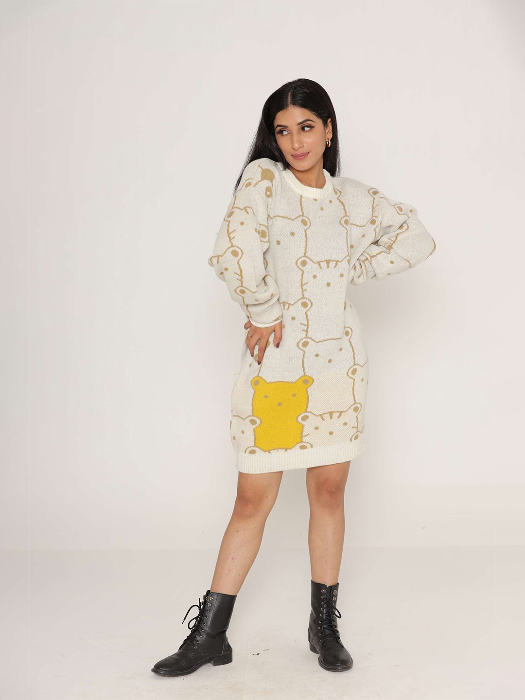

KASMA Women Cream-Coloured & Yellow Printed WoolPullover
