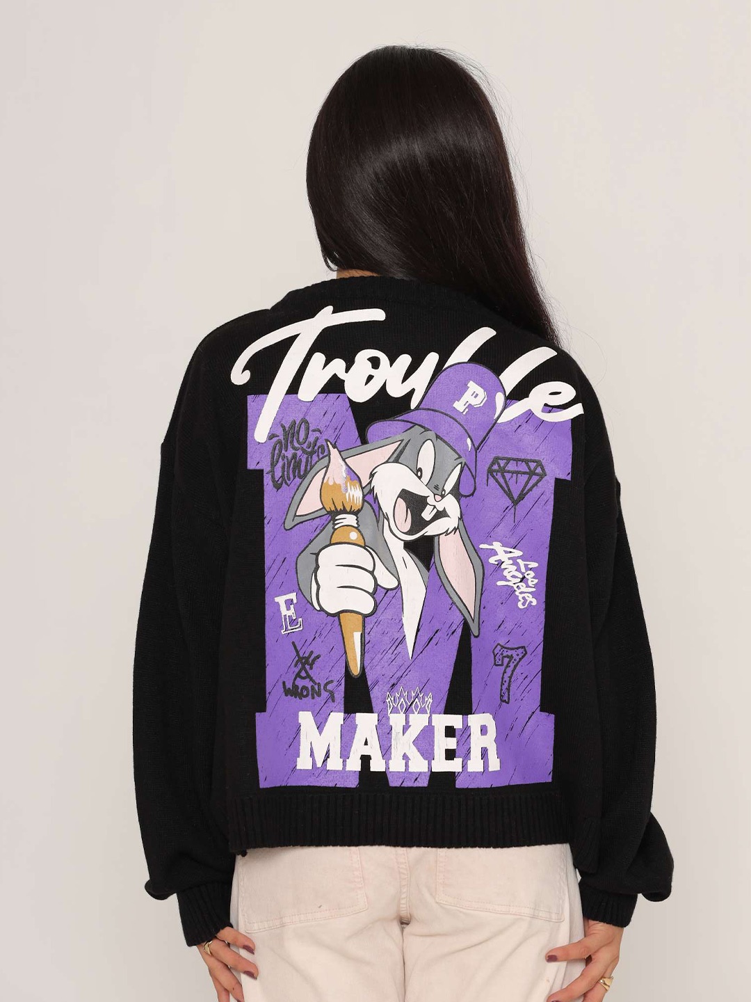 

KASMA Women Black & Purple Printed Pullover