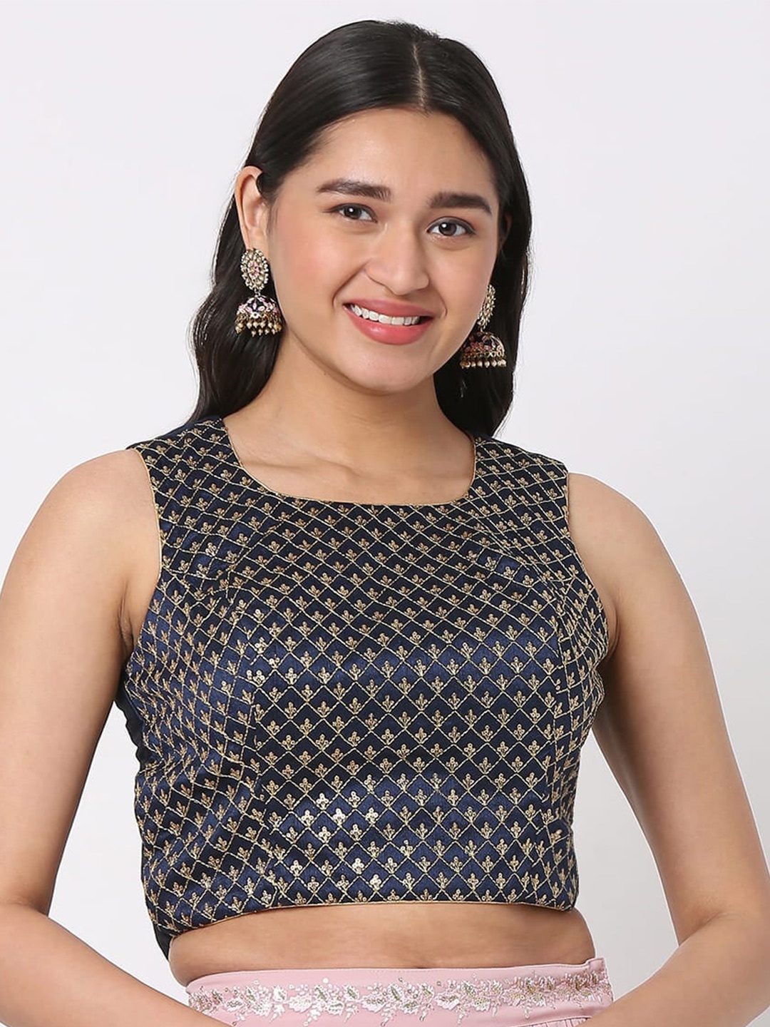 

Ethnicity Navy Blue Embroidered Crop Top