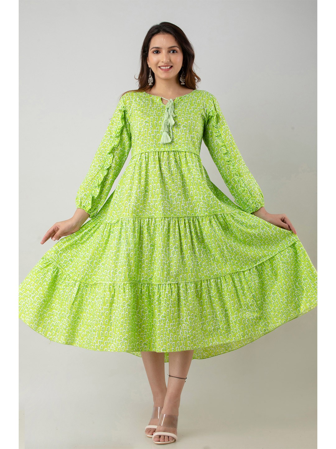 

KALINI Green Floral Ethnic Cotton Dress