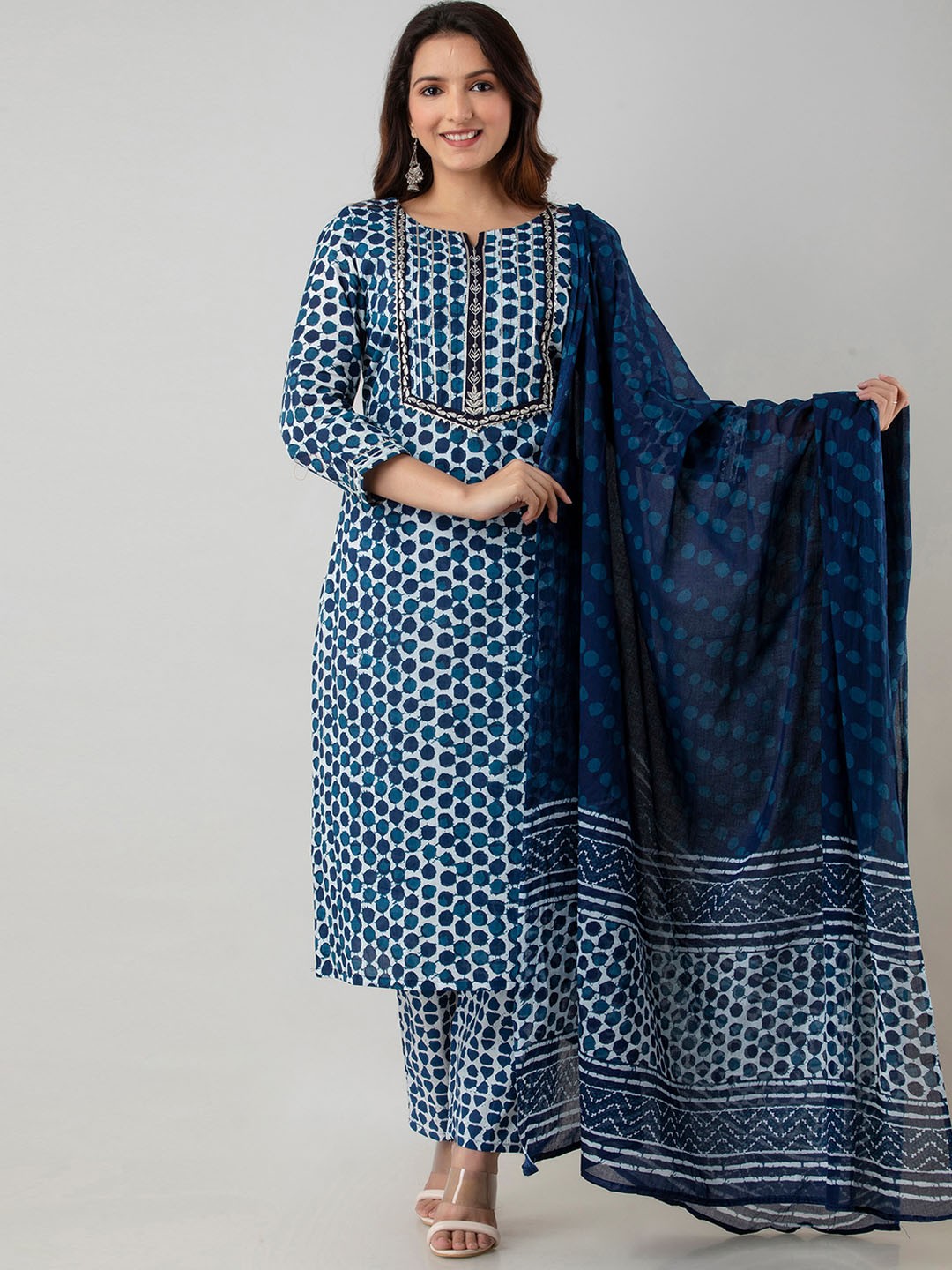 

KALINI Women Blue Printed Pure Cotton Kurta With Trousers & Dupatta