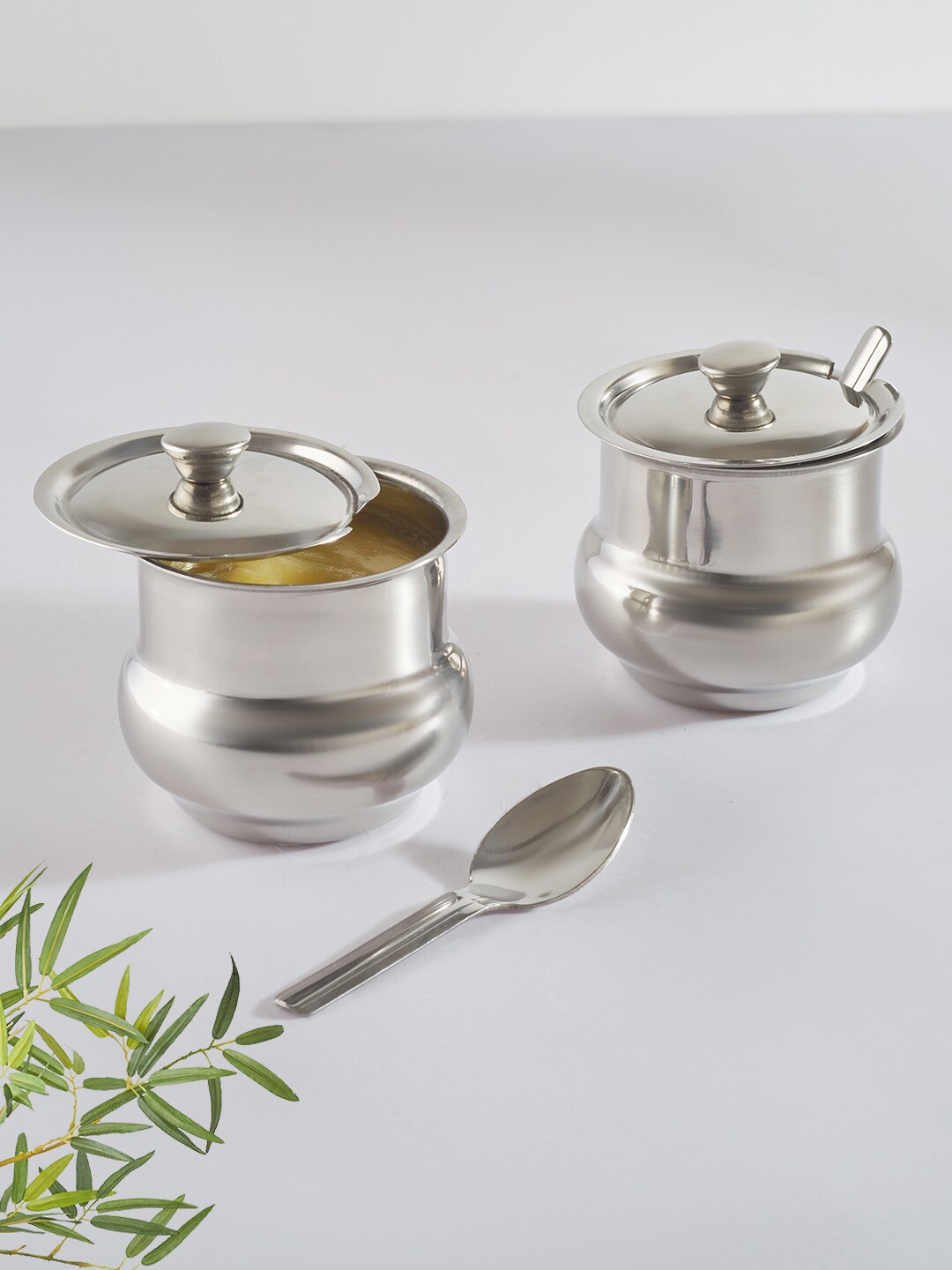 

HomeTown Glisto Set of 2 Stainless Steel Ghee Pot With Spoon, Silver