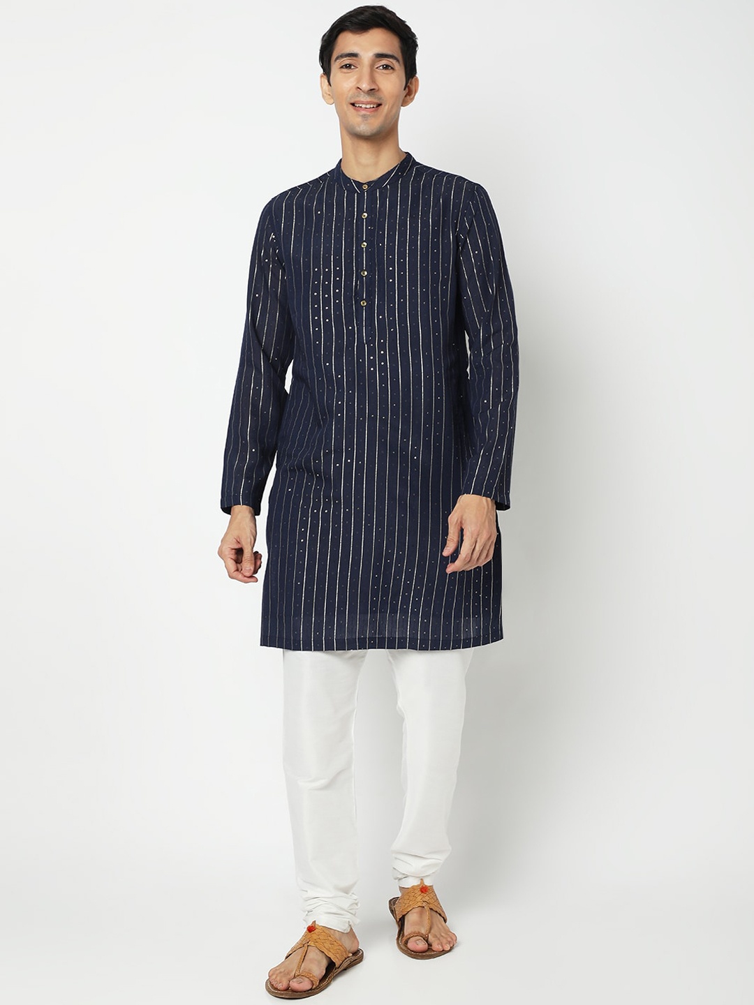 

Ethnicity Men Navy Blue Striped Embellished Kurta