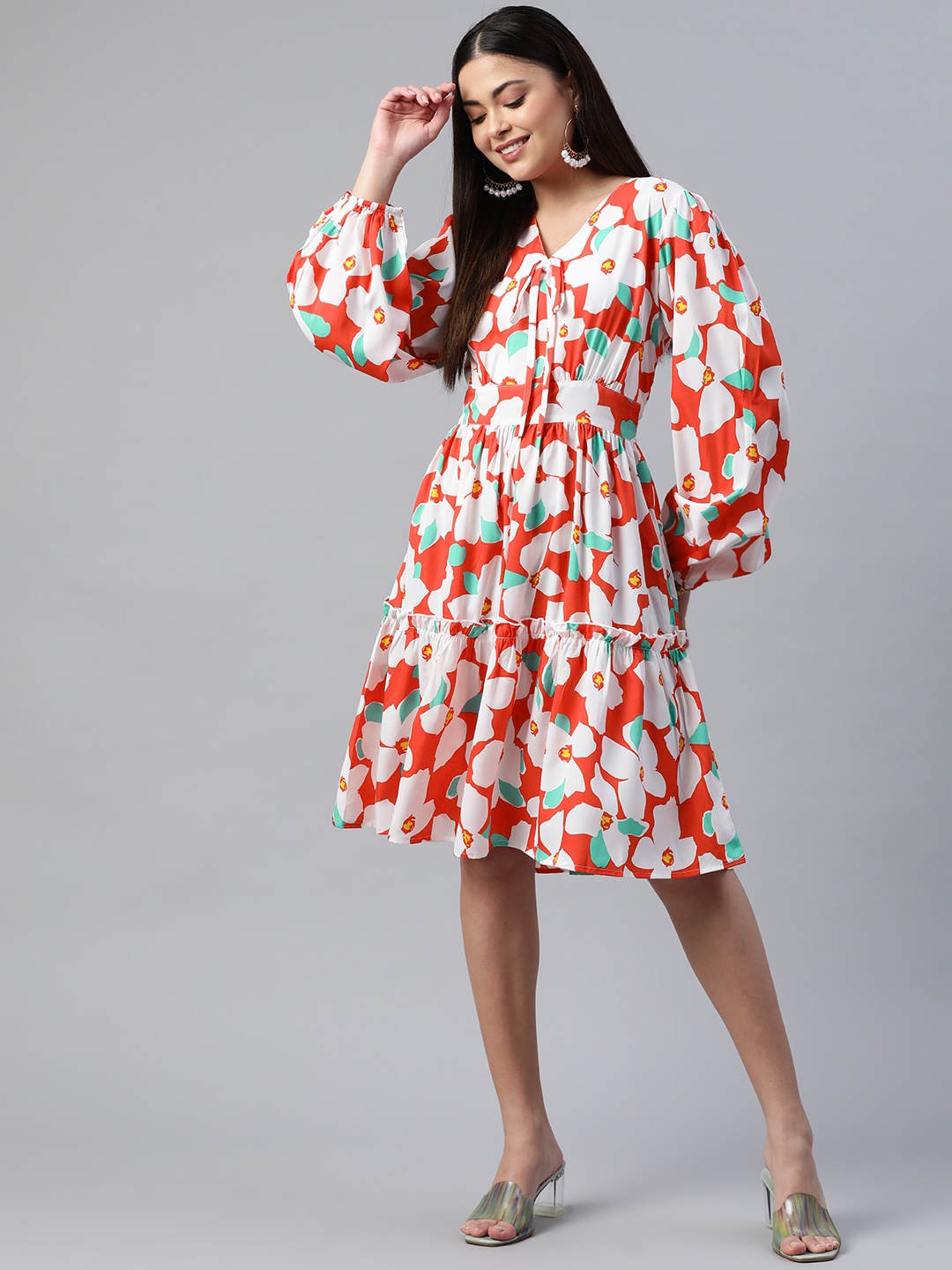 

plusS Floral Peinted A-Line Dress, Orange