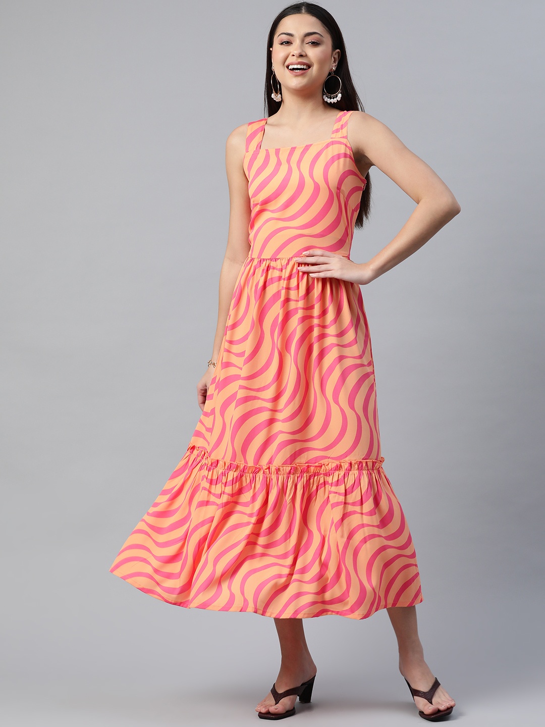 

plusS Abstract Print Tiered A-Line Midi Dress, Orange