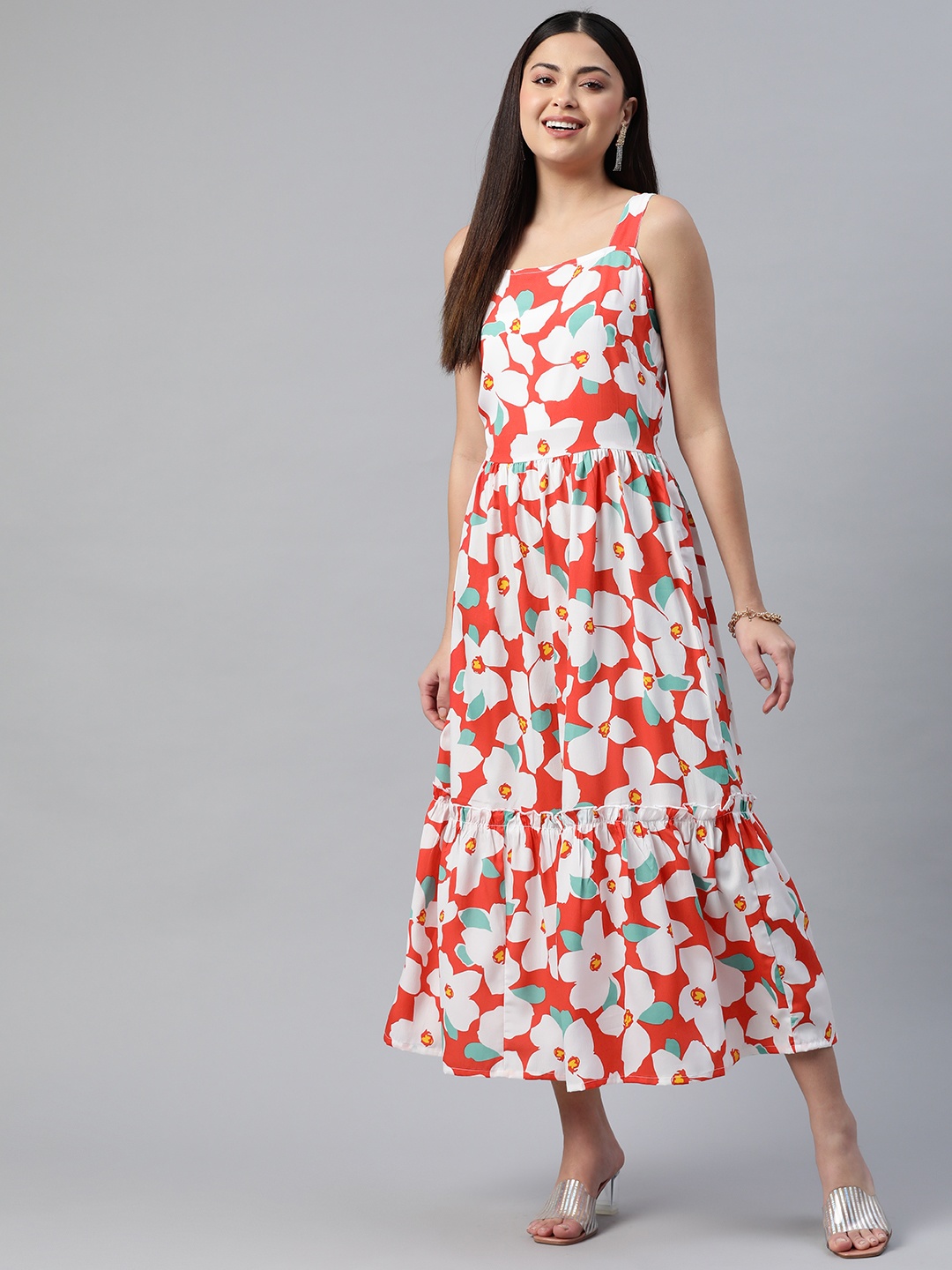 

plusS Floral Tiered A-Line Midi Dress, Orange