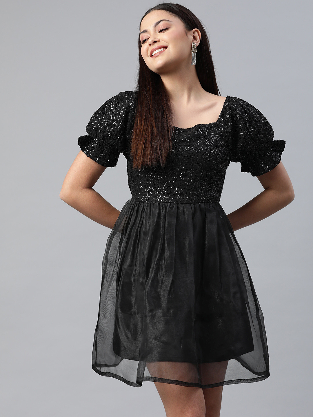 

plusS Solid Sequin Work Puff Sleeves Dress, Black