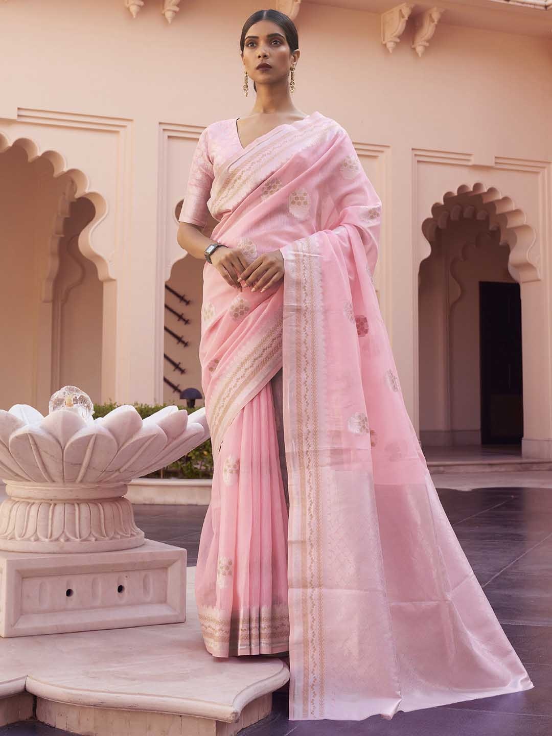 

Mitera Pink & Gold-Toned Woven Design Zari Linen Blend Saree