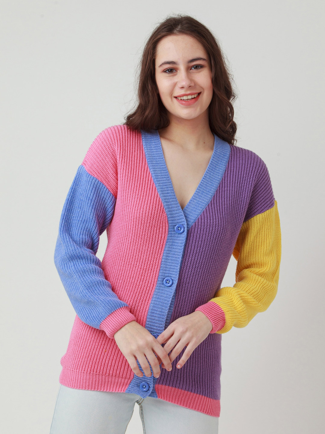

Zink London Women Pink & Purple Colourblocked Acrylic Cardigan
