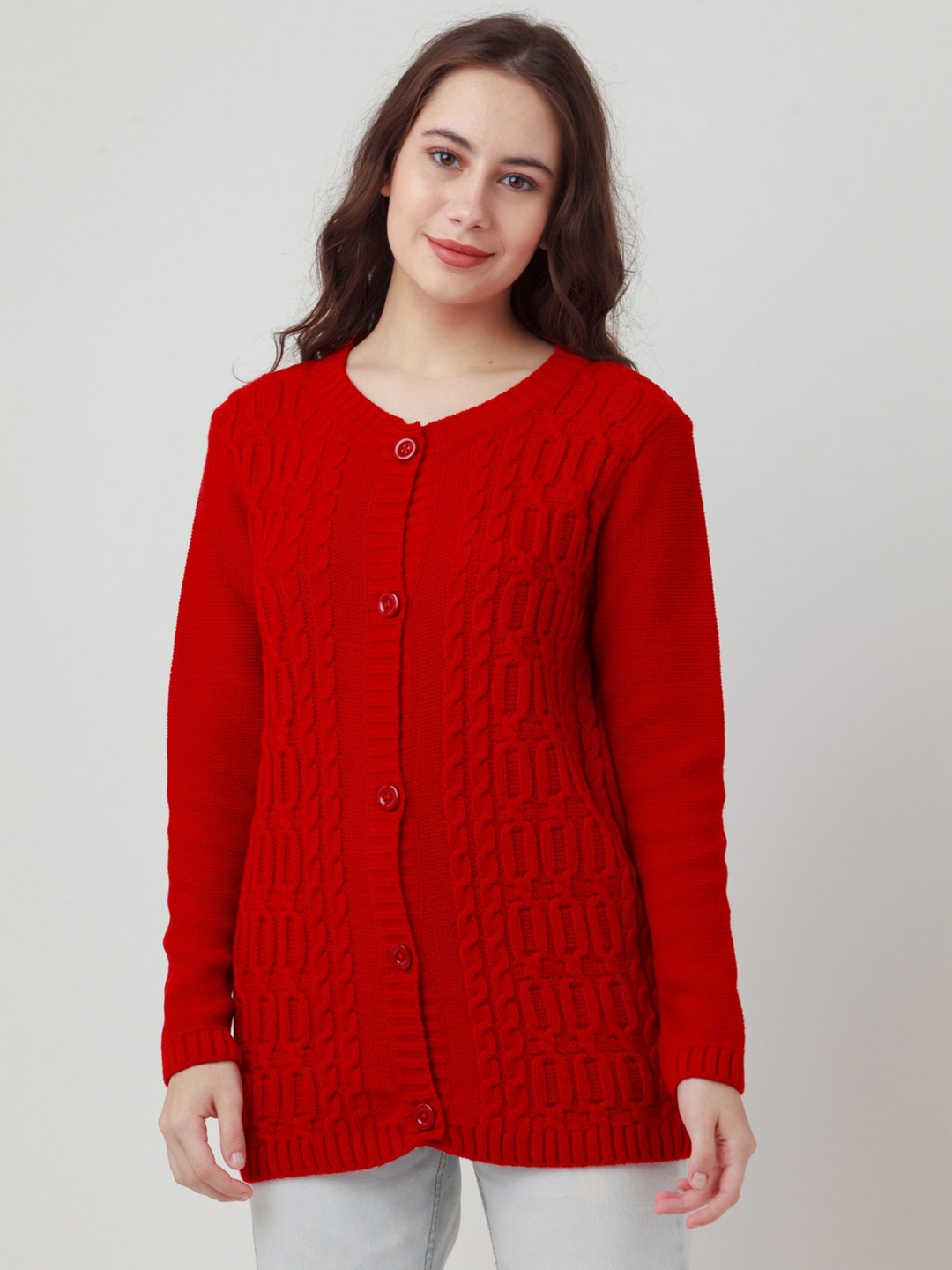 

Zink London Women Red Cable Knit Acrylic Cardigan