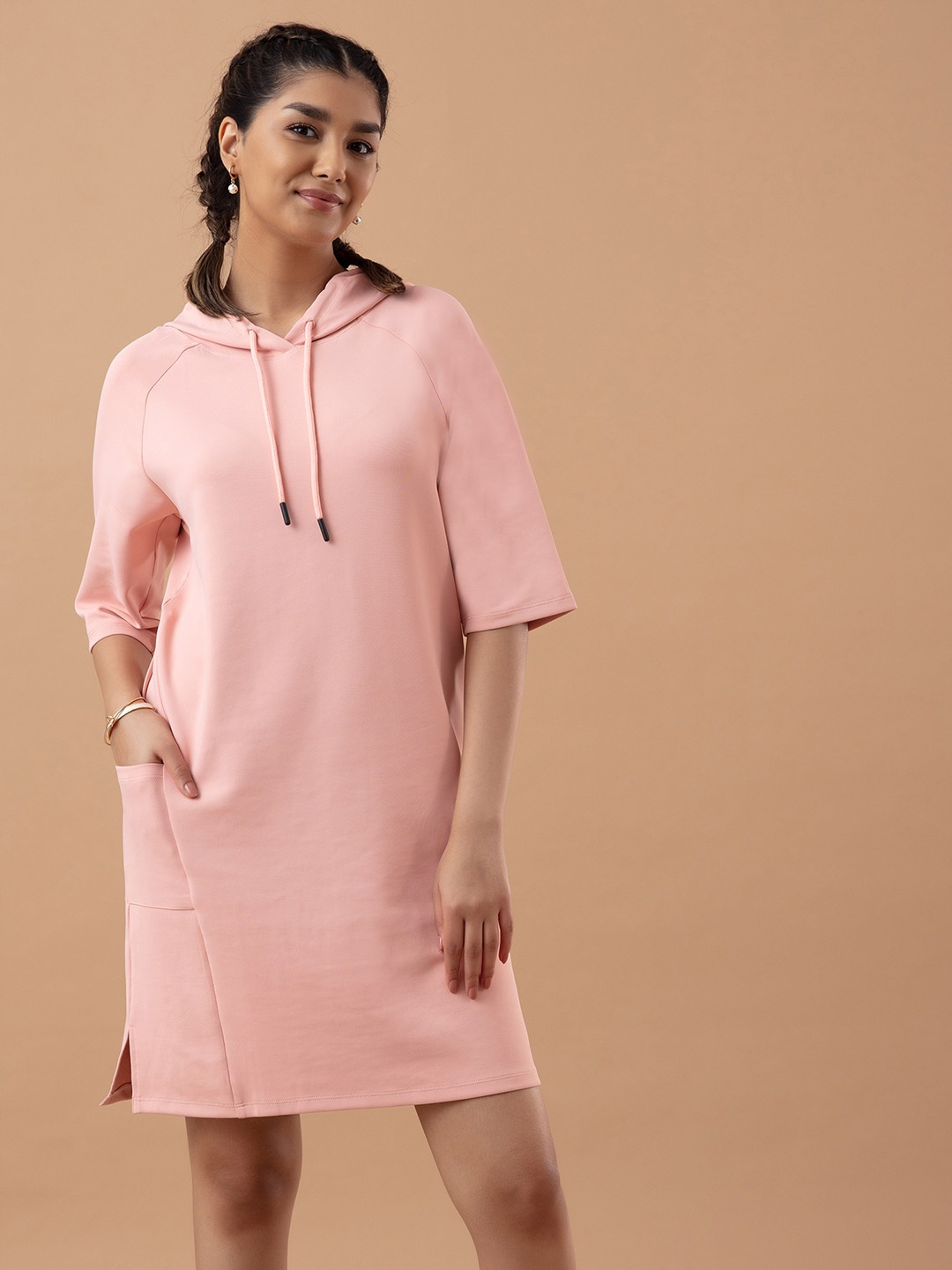 

Nykd Regular Sleeves Three-Quarter Sleeves Hooded Shirt Dress, Pink