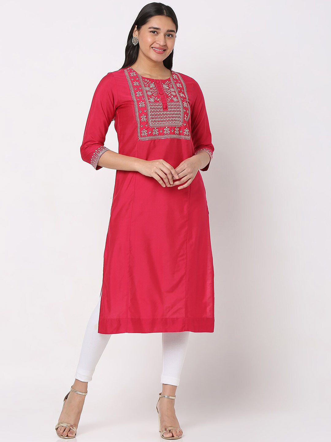 

Ethnicity Women Red Embroidered Floral Kurta