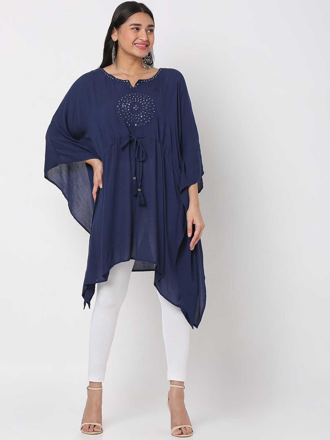 

Ethnicity Women Navy Blue Embellished Mirror Work Crepe Kaftan Kurta