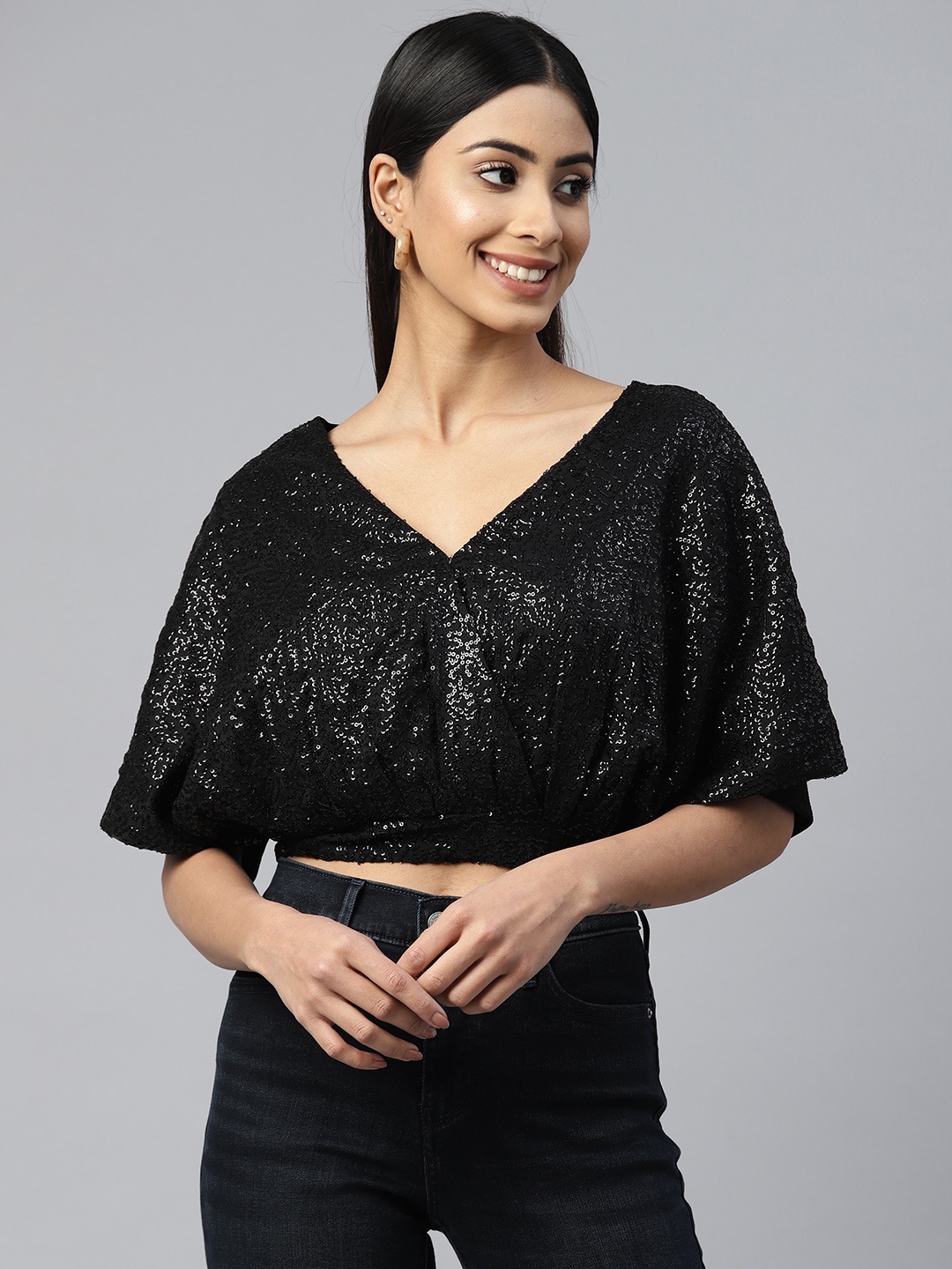 

plusS Black Embellished Georgette Wrap Crop Top