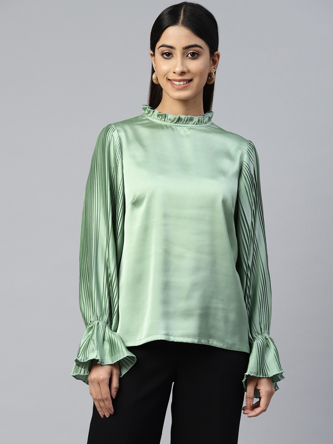 

plusS Mandarin Collar Georgette Top, Sea green