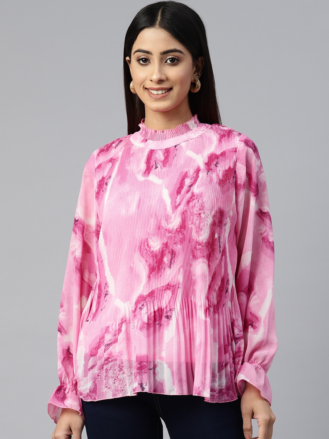 

plusS Printed Bishop Sleeves Georgette Top, Pink